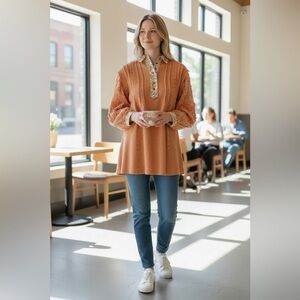 POL Coral/orange Lace Sleeve Blouse, Medium